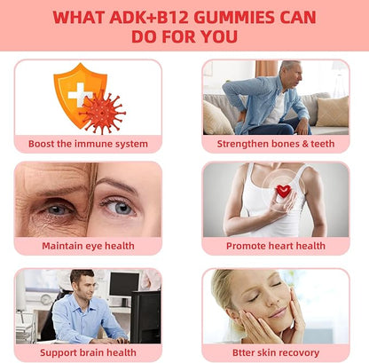 Sugar Free Vitamin ADK+B12 Gummies with Vitamin D3 K2 B12 K2 (MK-7) Chewable Vegan Multivitamin Supplement for Men Women Bone Brain Immune Skin Eye Heart 60 Counts Raspberry Flavored 1 Pack