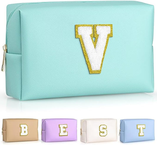 TOPEAST Initial Makeup Bags for Women, Personalized Portable Cosmetic Bag for Travel, Cute Makeup Pouch, PU Leather Waterproof Toiletry Bag, Preppy Things for Girl (Blue V)