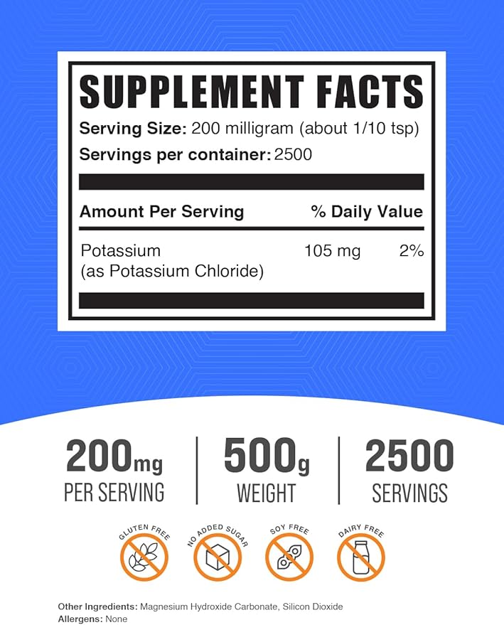 BulkSupplements.com Potassium Chloride Powder - Potassium Supplement Powder, Potassium Chloride Salt Substitute, Potassium Salt - Gluten Free, 200mg per Serving, 500g (1.1 lbs) (Pack of 1)