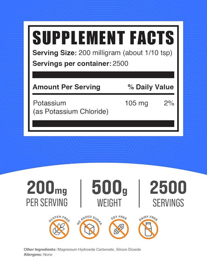 BulkSupplements.com Potassium Chloride Powder - Potassium Supplement Powder, Potassium Chloride Salt Substitute, Potassium Salt - Gluten Free, 200mg per Serving, 500g (1.1 lbs) (Pack of 1)