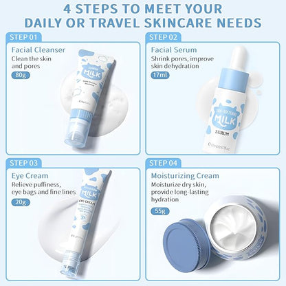 Skin Care Routine Set For Girls, Anti Aging Milk Skin Care Set With Cleanser, Serum, Cream, Eye Cream For Acne, Shrink Pores, Face Skincare Travel Kit With Hyaluronic Acid For Women, Daily Care