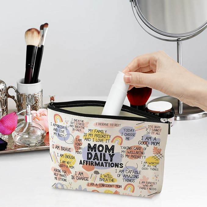 Daily Affirmations for Women Makeup Bag Mom Gifts Mom Stuff Mental Health Gifts Inspirational Gifts for Women Mother Mama Mommy Gifts for Mom from Daughter Son Birthday Mothers Day Travel Toiletry Bag