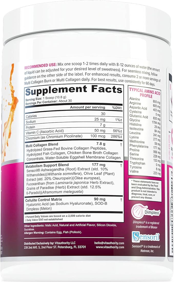 Hydrolyzed Collagen Peptides Powder for Women - Slimming Multi Collagen Burn Ultimate Beauty Complex with Hyaluronic Acid Vitamin C & Types I II III V and X Collagen for Women - Tropical Punch