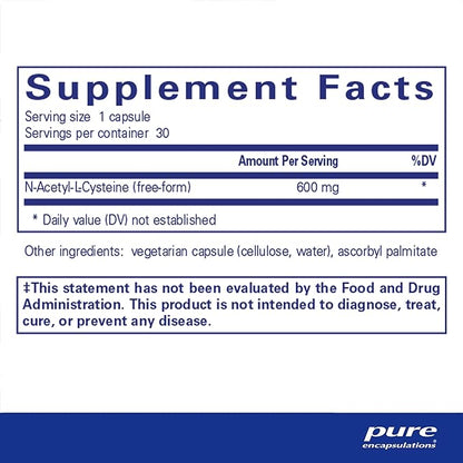 Pure Encapsulations NAC 600 mg - N-Acetyl Cysteine NAC Supplement for Lung Health & Immune Support, Liver Support & Antioxidants* - with Freeform N-Acetyl-L-Cysteine - 30 Capsules