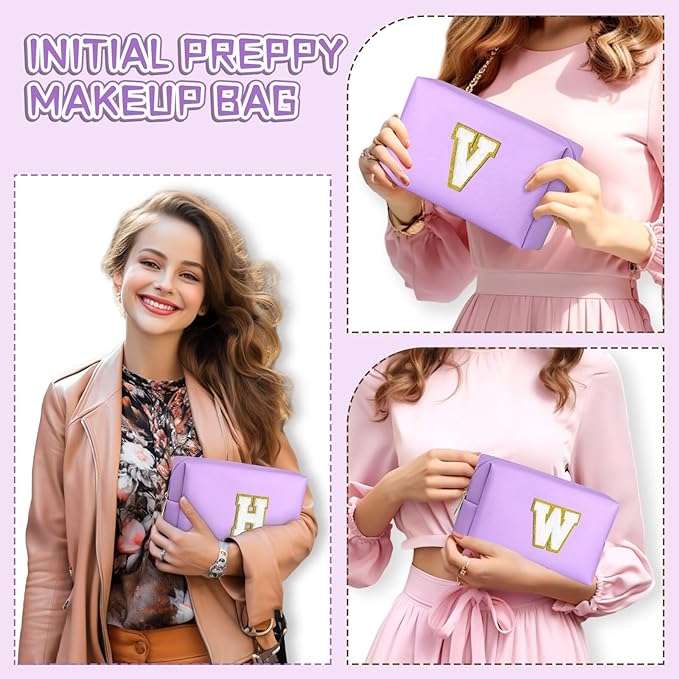 TOPEAST Preppy Patch Makeup Bag, Chenille Letter Pouch Cosmetic Bag, PU Leather Waterproof Toiletry Bag, Personalized Birthday Gift for Women Girl, Cute Stuff for Girls (Purple B)
