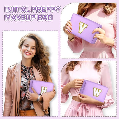 TOPEAST Preppy Patch Makeup Bag, Chenille Letter Pouch Cosmetic Bag, PU Leather Waterproof Toiletry Bag, Personalized Birthday Gift for Women Girl, Cute Stuff for Girls (Purple B)