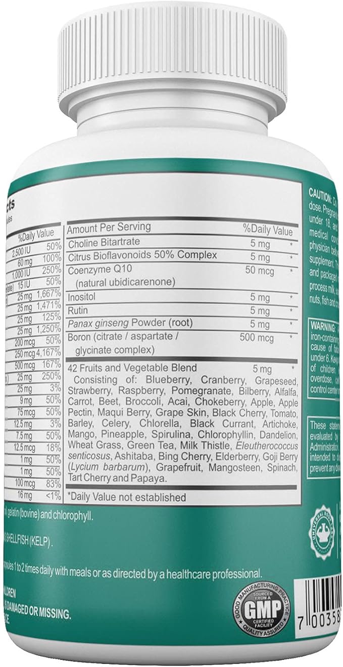 Gastric Bypass Vitamins with Iron Plus 42 Super Fruits & Vegetables for Post Bariatric Surgery Must Haves, Quick-Dissolve Gel Caps