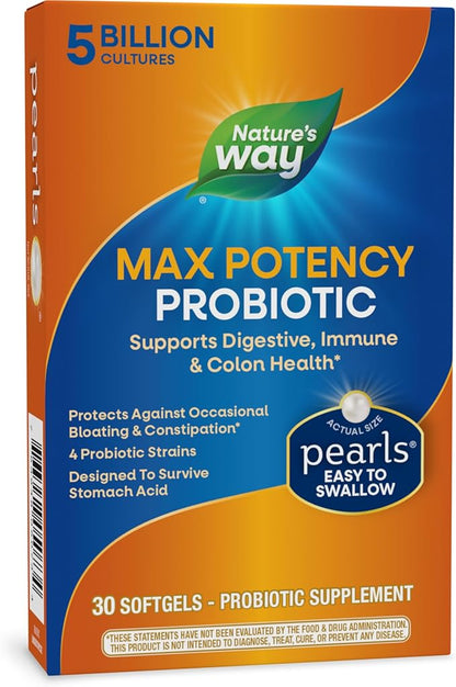 Nature's Way Max Potency Probiotic Pearls for Men and Women, Supports Digestive, Immune, Colon Health*, 5 Billion Live Cultures, No Refrigeration Required, 30 Softgels (Packaging May Vary)