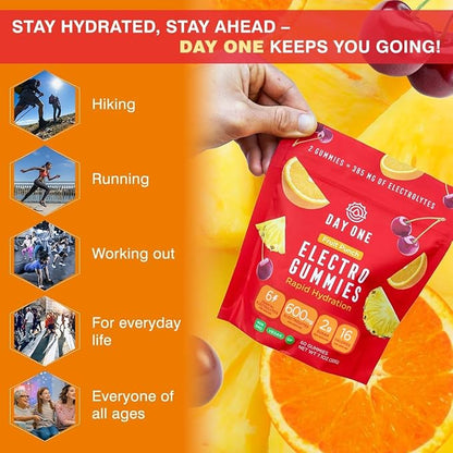Day One Electrogummies Fruit Punch - Electrolyte Gummies for Runner, Athlete & Everyday Use - Hydration Gummies with Essential Electrolytes - Alternative to Powders, Tablets, Chews - 60 Gummies