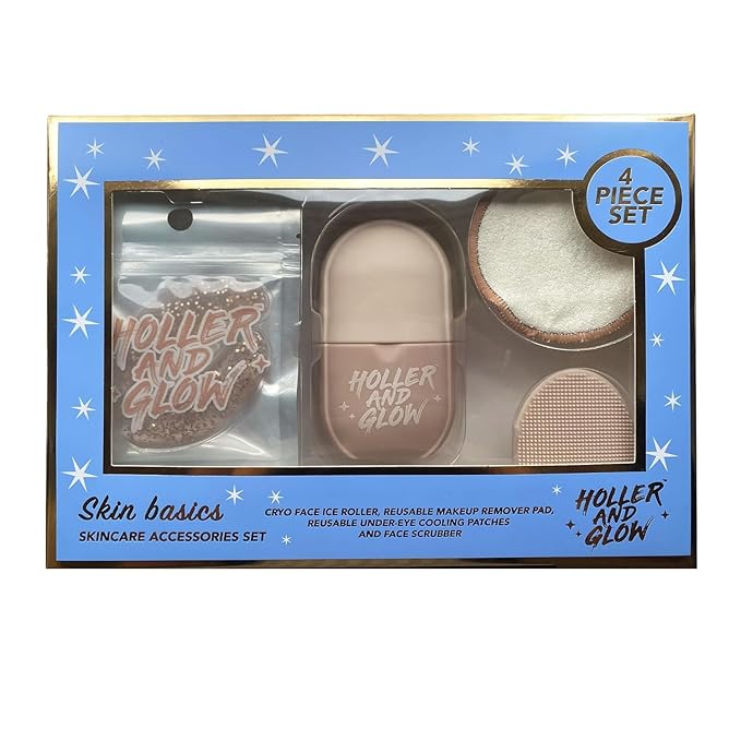 Holler & Glow Skin Basics Skincare Accessories, Limited Edition, Cooling Under Eye Masks, Puffiness Reducing Cryo Ice Roller, Reusable Makeup Remover Pad, Exfoliating Face Scrubber, 4 Piece Gift Set