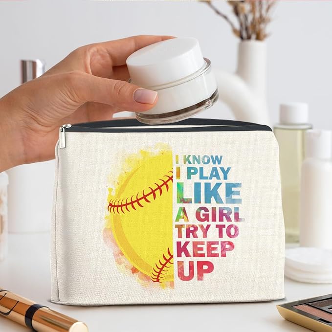 Inspirational Gifts for Women Softball Lovers Makeup Bag, Cosmetic Pouch With Zipper for Girls
