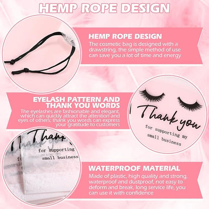 Abbylike 100 Pcs Eyelash Aftercare Lash Bags for Clients Eye Lash Print Drawstring Makeup Bag Empty Beauty Gift Cosmetic Sample Pouch for Women Small Business Supplies, 4 x 6 in(White)
