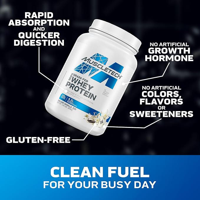 Muscletech Grass-Fed Whey Protein Powder (Deluxe Vanilla, 1.8LB) - Whey Protein Smoothie & Milk Shake Mix Supports Muscle Gain & Recovery - 20g of Whey Protein for Women & Men - Non-GMO & Gluten-Free