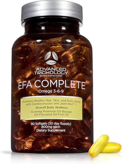 EFA COMPLETE with Optimal OMEGA 3 6 9 levels of High Potency Flax Oil, Fish Oil, Borage Oil, and Evening Primrose Oil 800mgs (90count) 3rd Party Tested - High in GLA and 369 Omegas