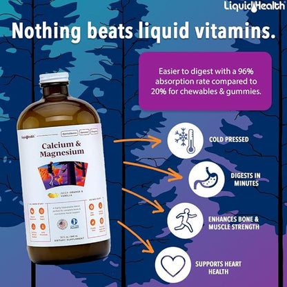 LIQUIDHEALTH Calcium & Magnesium Adult Liquid Vitamin Supplement - Bone, Joint, Muscle, Connective Tissue Support, Heart Health, Essential Nutrients - Great Taste, Vegan, Non GMO, Sugar-Free (2 Pack)