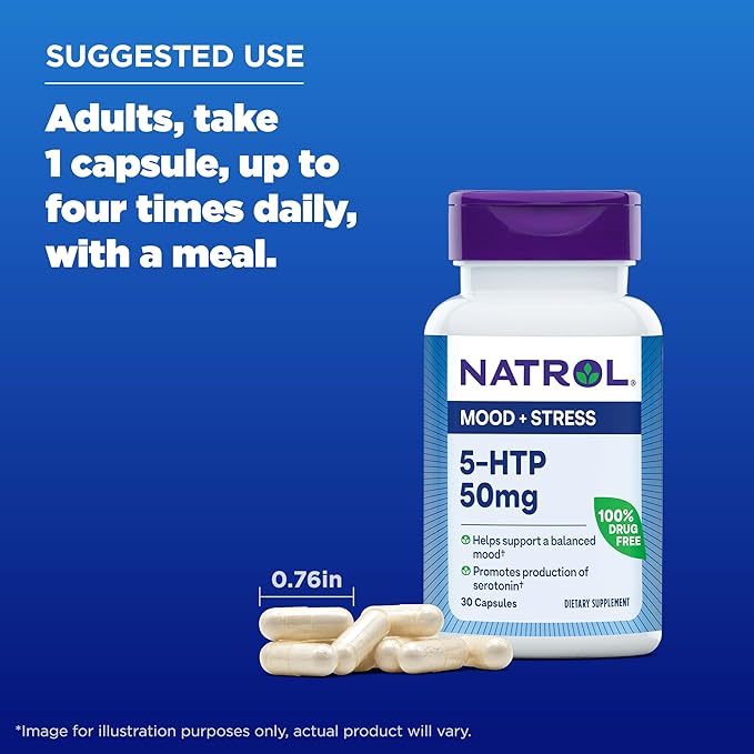 Natrol Mood & Stress 5-HTP 50mg, Dietary Supplement Helps Support a Balanced Mood, 30 Capsules, 7-30 Day Supply