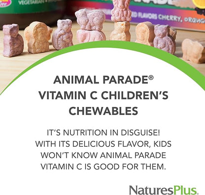 NaturesPlus Animal Parade Vitamin C Children's Chewable - Natural Orange Juice Flavor - 90 Animal-Shaped Tablets, Pack of 4 - Vegan, Vegetarian, Gluten Free - 180 Total Servings