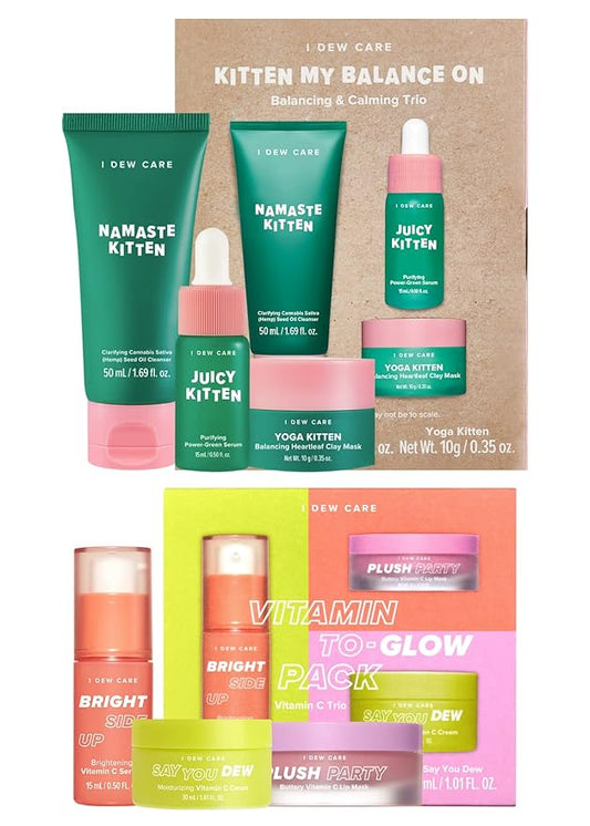 I Dew Care Skin Care Set - Kitten My Balance On + Skincare Set - Vitamin To Glow Pack | Illuminating Vitamin C Trio with Niacinamide, Travel Size, Cream, Lip Mask, Serum Bundle