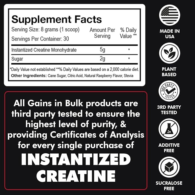 Gains in Bulk Instantized Creatine Monohydrate Powder - Pre Workout Supplement, Support Muscle Endurance, High Energy and Cognitive Function, 100% Soluble, No Bloating (30 Servings, Sour Raspberry)