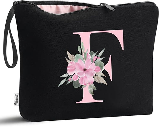 Vavabox A-Z Personalized Makeup Bag, Birthday Gifts for Women Mom, Gifts for Best Friend, Bride Bridesmaid Cosmetic bag (F, Black)