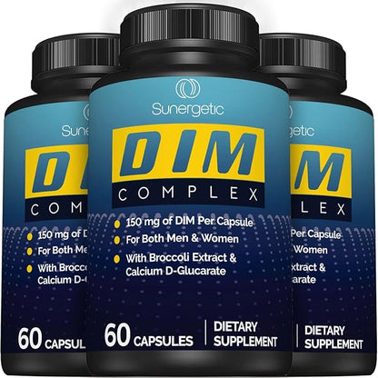 Sunergetic Premium DIM Supplement– 150mg DIM (diindolylmethane), Broccoli, Calcium D-Glucarate & Bioperine- DIM Capsules for Men & Women–DIM Complex for Menopause Support & Balance - 60 DIM Capsules