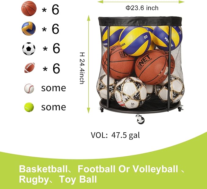 Sports Equipment Organizer for Garage, Mesh Ball Holder for Soccer, Basketball, Volleyball, Baseball, 48 Gals Ball Cart for Holding Ball, Rolling Sports Organizer, Black
