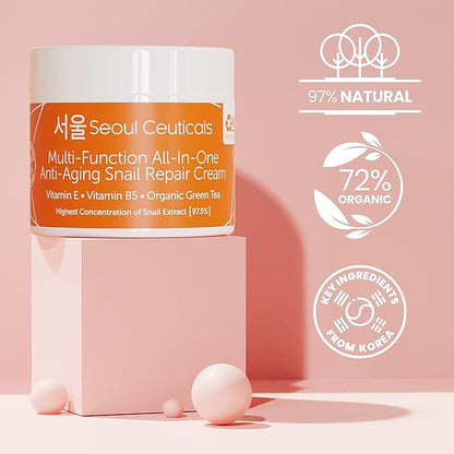 SeoulCeuticals Korean Skin Care Set - Korean Green Tea Face Mask + Korean Snail Cream Moisturizer - Potent Korean Skincare Set Eliminates Dull Dry Skin for Healthy K Beauty Glow
