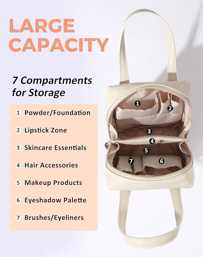 Fmeida Small Makeup Bag Organizer Leather Cosmetic Bags for Women Travel Cosmetic Pouch Waterproof Aesthetic Makeup Bag with Compartments Portable Handle Apricot