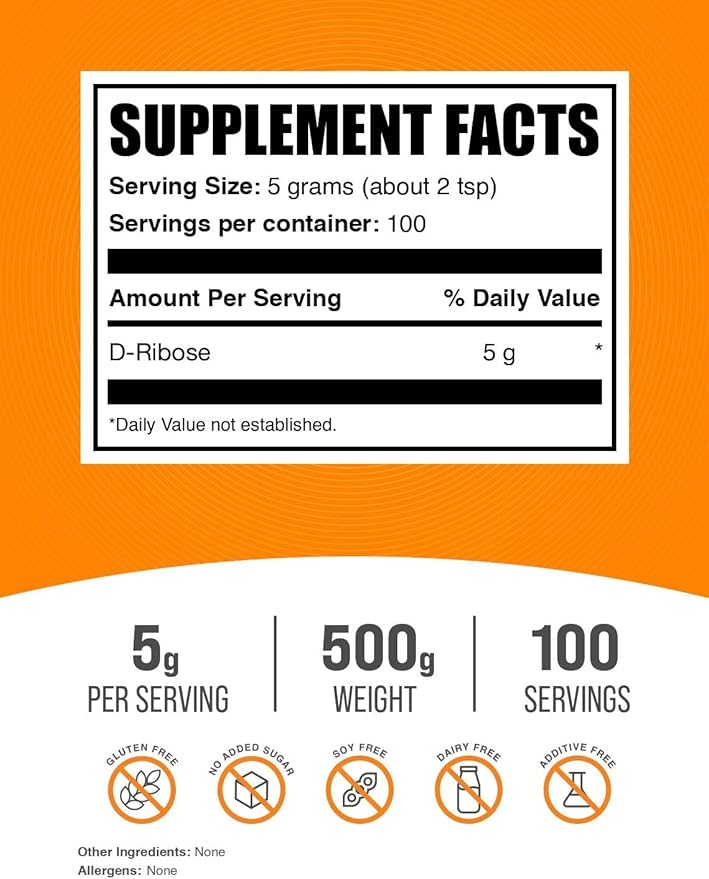 BulkSupplements.com D-Ribose Powder - D-Ribose Supplement, Ribose 5000mg, for Energy Support - Unflavored & Gluten Free, 5000mg per Serving, 500g (1.1 lbs) (Pack of 1)