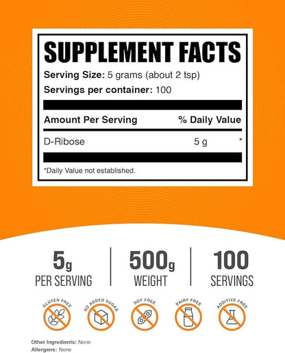 BulkSupplements.com D-Ribose Powder - D-Ribose Supplement, Ribose 5000mg, for Energy Support - Unflavored & Gluten Free, 5000mg per Serving, 500g (1.1 lbs) (Pack of 1)