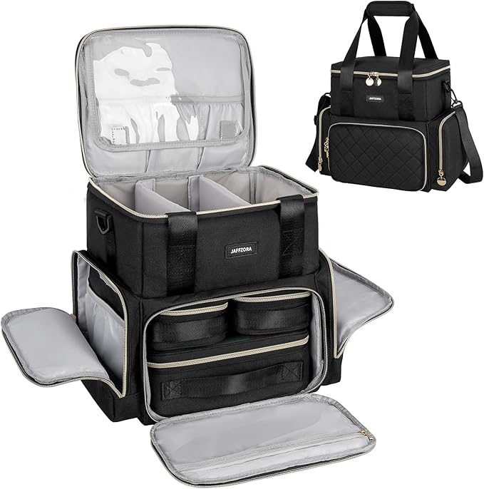Extra Large Makeup Bag with 3 Removable Cases, Double Layers Travel Cosmetic Storage Organizer Bag with Detachable Dividers, Black