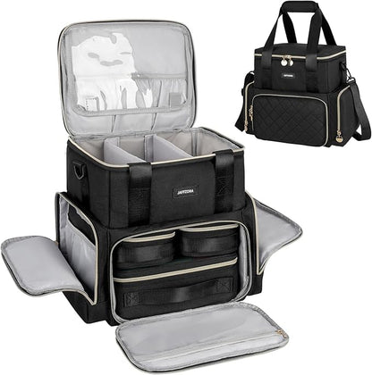 Extra Large Makeup Bag with 3 Removable Cases, Double Layers Travel Cosmetic Storage Organizer Bag with Detachable Dividers, Black