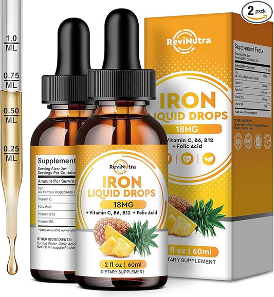 2 Pack Liquid Iron Supplement for Women, Men & Kids, Liquid Iron Drops with Folate, Vitamin C, B6, B12 for Anemia, Red Blood Cell, Energy Support, Pineapple Flavor