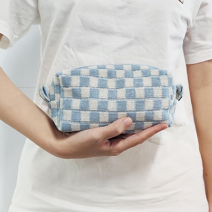 Small Cute Checkered Makeup Bag - Portable Cosmetic Pouch with Zipper, Travel Toiletry Bag, Purse Organizer, Beauty Storage, Blue