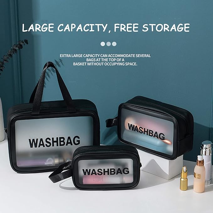 Travel Toiletry Bag for Women Men, Translucent Waterproof Travel Makeup Cosmetic Pouch Traveling Organizer for Toiletries, Cosmetic, Accessories CynynYxy (A-Black)