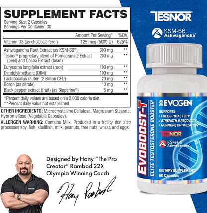 Evogen Evoboost-T - Elite Testosterone Booster for Men | Testosterone Supplement for Men Supporting Free & Total Testosterone, Strength, & Hormone Optimization | Ashwagandha, Tesnor, DIM | 60 Capsules