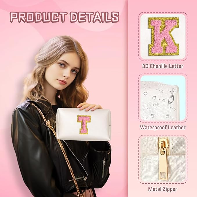 TOPEAST Preppy Makeup Bag, Small Cosmetic Travel Bags for Women, PU Leather Waterproof Toiletry Bag with Zipper, Personalized Birthday Gift for Women Girl, Preppy Gifts for Girl (Pearly White F)