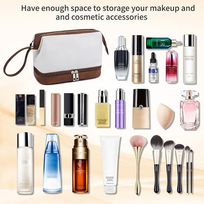 Stylish Makeup Bag Organizer Travel Case for Women Cosmetic Bag for Toiletries and Makeup Waterproof Leather Cosmetic Bag Perfect Fit Home or on the Go (C-White/Brown)