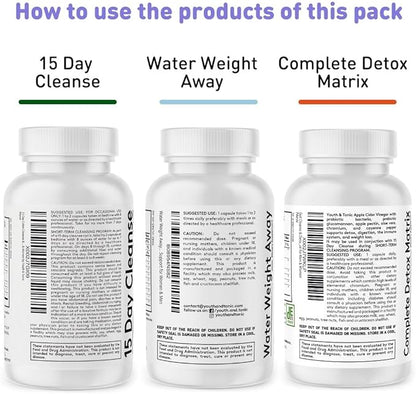 3pk Detox Cleanse Kick Off Weight Management | Colon Cleanser + Water Loss Pills w Dandelion + ACV Full Body Detox + Probiotics | For Flat Stomach, Waistline, Metabolism, Bloating – 90 Pills