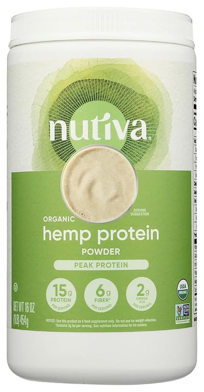 Nutiva Organic Cold-Pressed Raw Hemp Seed Protein Powder, Peak Protein, 16 Oz, USDA Organic, Non-GMO, Whole 30 Approved, Vegan, Gluten-Free & Keto, Plant Protein with Essential Amino Acids