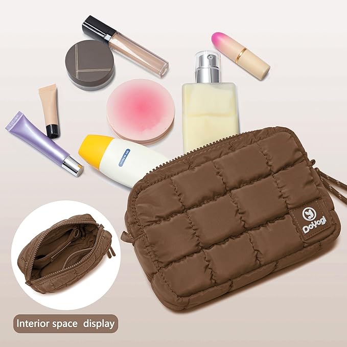 Quilted Cosmetic Bag, Puffer Makeup Bags, Crossbody Purses for women,Cute Travel Toiletry Bag for Women (Caramel)