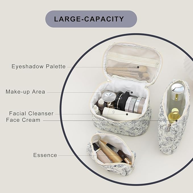 kingkiss Makeup Bag, Quilted Cosmetic Bag, Large Capacity Make Up Bag for Women, Cute Floral Storage Toiletry Bag Travel Storage Makeup Bag(Black Flower)