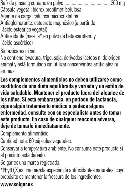 Solgar Korean Ginseng Root Extract, 60 Vegetable Capsules - Immune Support - Standardized, Full Potency (SFP) - Non-GMO, Vegan, Gluten Free, Dairy Free, Kosher - 60 Servings