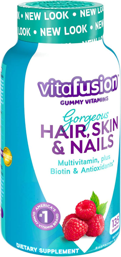 Vitafusion Gorgeous Hair, Skin & Nails Multivitamin Plus Biotin and Antioxidant Vitamins C&E, Raspberry Flavor, 135ct (45 Day Supply), from America’s Number One Gummy Vitamin Brand (Pack of 2)