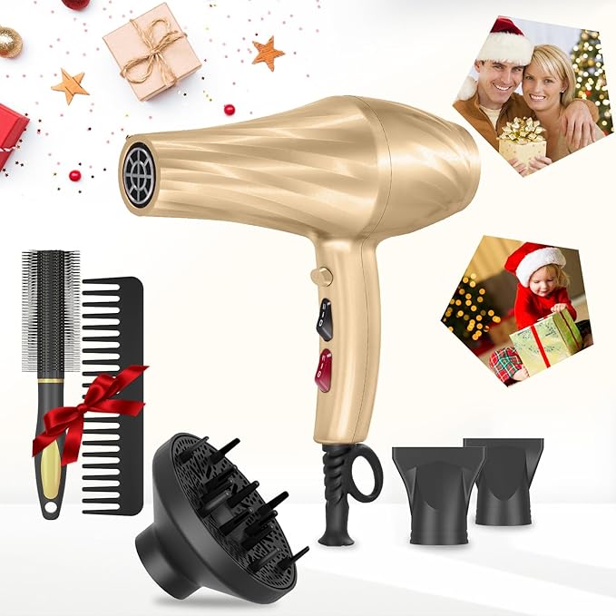 Ionic Hair Dryer,2400W Negative Ion Low Noise Hair Dryer Professional Fast Drying Hair Dryer with 2 Speeds, 3 Heat Settings, Cooling Button,with Diffuser for Curly and Straight Hair（Champagne Gold）
