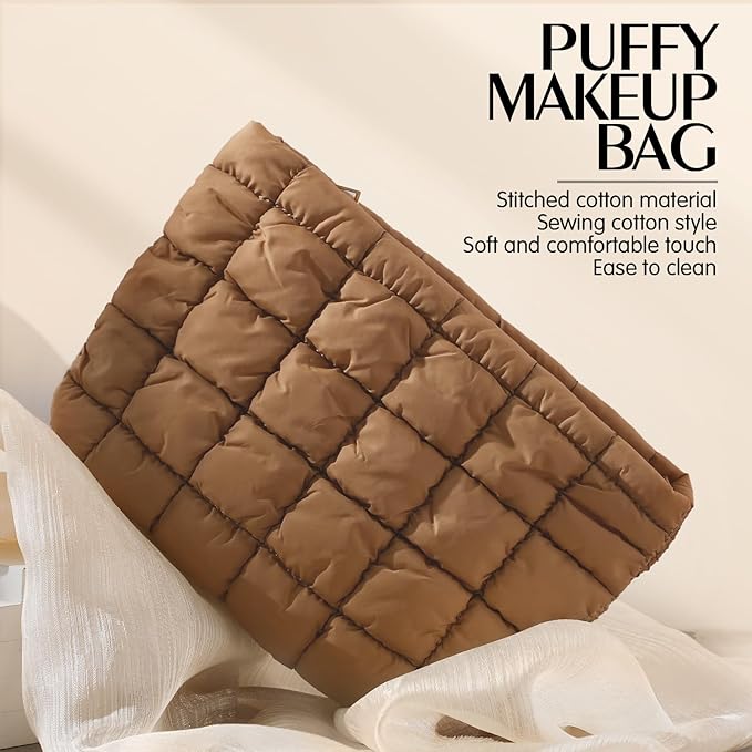 Hillban Puffy Quilted Makeup Bag Quilted Cosmetic Bag Cute Puffer Toiletry Checkered Pouch Aesthetic Travel Makeup Brushes Organizer(Brown,Classic)