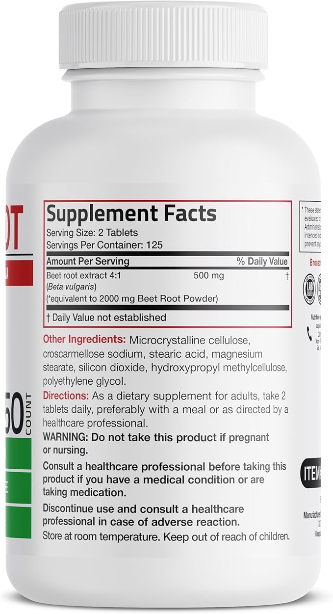 Bronson Beet Root Extra Strength (Equivalent to 2000mg Beet Root per Serving from 500mg 4:1 Extract), Non-GMO, 250 Vegetarian Tablets