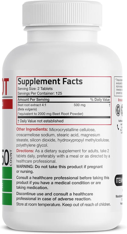 Bronson Beet Root Extra Strength (Equivalent to 2000mg Beet Root per Serving from 500mg 4:1 Extract), Non-GMO, 250 Vegetarian Tablets