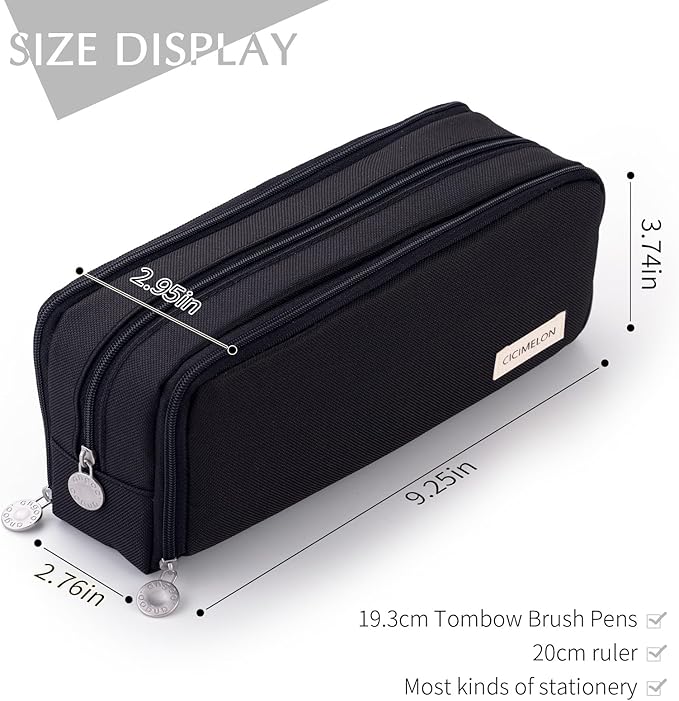 CICIMELON Large Capacity Pencil Case 3 Compartment Pouch Pen Bag for School Teen Girl Boy Men Women (Black)