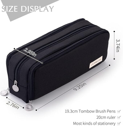 CICIMELON Large Capacity Pencil Case 3 Compartment Pouch Pen Bag for School Teen Girl Boy Men Women (Black)